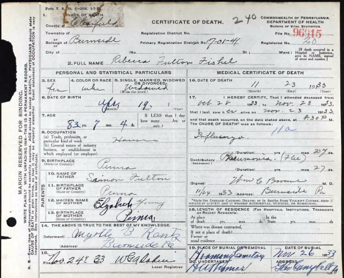 Death Certificate of Rebecca Fulton Fishel
